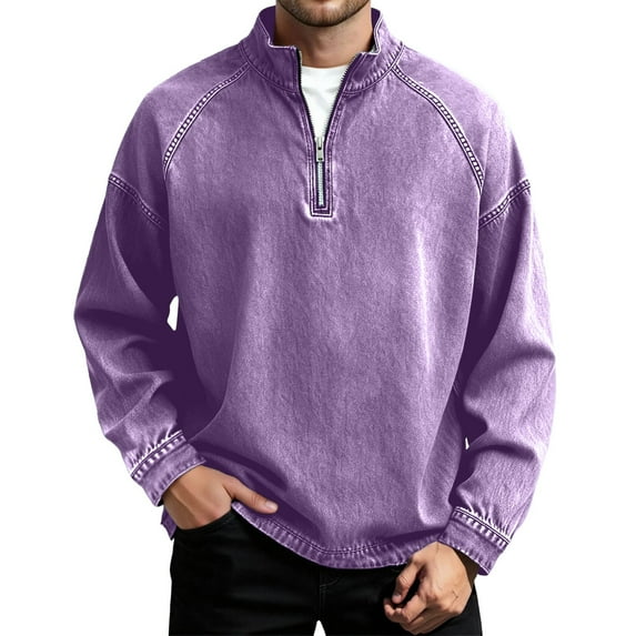 Christmas Sweatshirts for Men Retro Zipper Stand Collar Long Sleeve for Streetwear Mens Sweaters,Purple,L