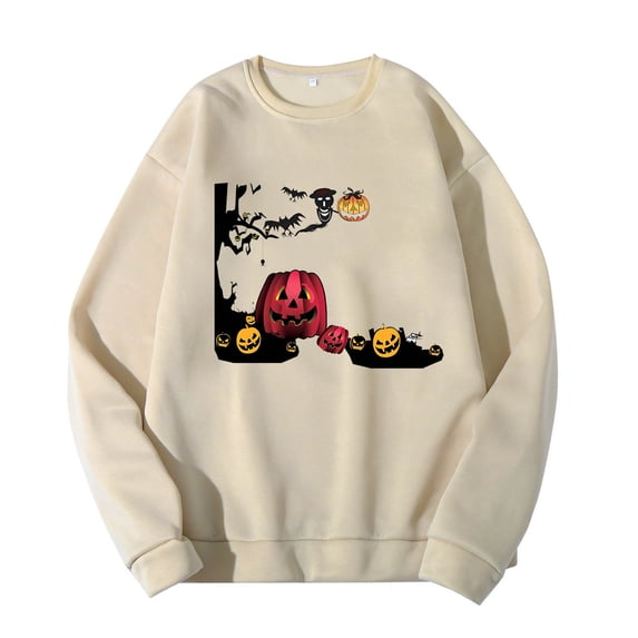 Mens Sweatshirts Pullover Fall Solid Color Round Neck Long Sleeve Cute Pumpkin Head Pattern Mens Casual Clothing,Beige,L