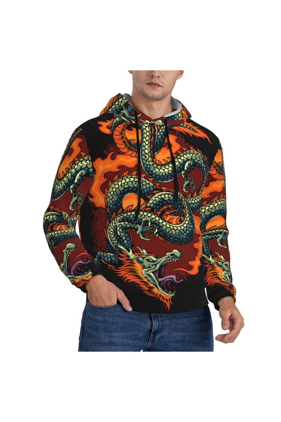 Mens Sweatshirts Pullover Hoodies 3D Hooded Top, Fire Dragon Red Flaming