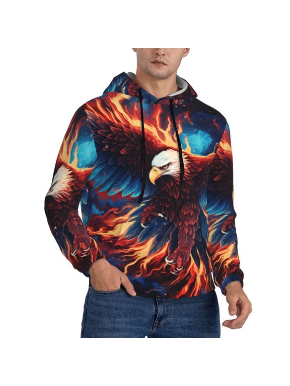 Mens Sweatshirts Pullover Hoodies 3D Hooded Top , Flaming Eagle Fire Art Print