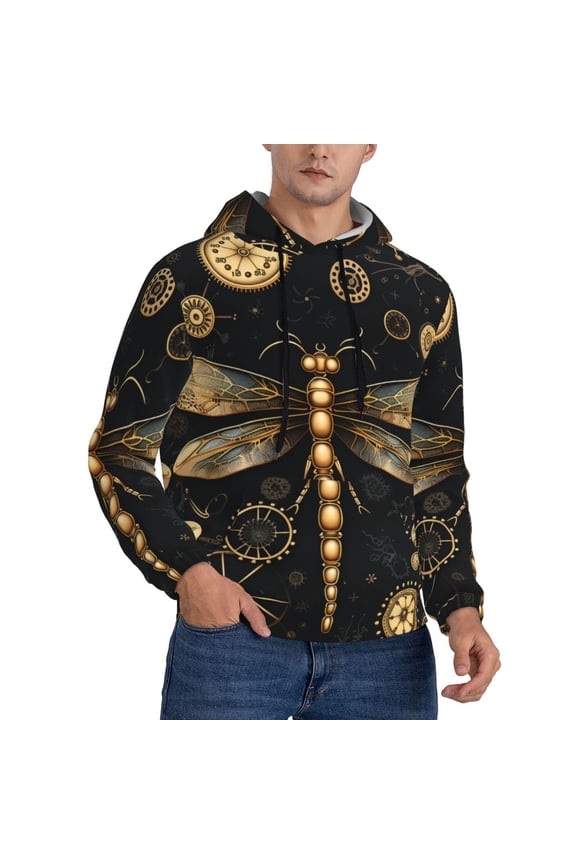 Mens Sweatshirts Pullover Hoodies 3D Hooded Top, Gold Steampunk Dragonfly Black Golden