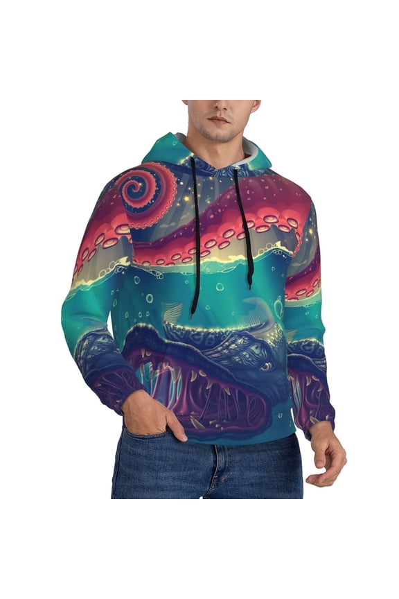 Mens Sweatshirts Pullover Hoodies 3D Hooded Top, Red Octopus Tentacles Predator Fish