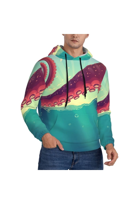 Mens Sweatshirts Pullover Hoodies 3D Hooded Top, Red Octopus Tentacles Sea Water