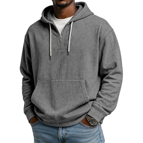 Mens Sweatshirts Quarter Zip Long Sleeve Waffle Hoodie Oversized Casual Loose Fit Hooded Sweatshirt Winter Gray S