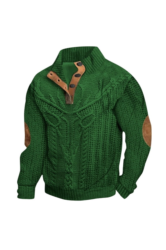 Mens Sweatshirts Retro 1/4 Button Up Twist Textured Knit Pullover Sweaters Fall Winter Elbow Patchwork Loose Fit Tops