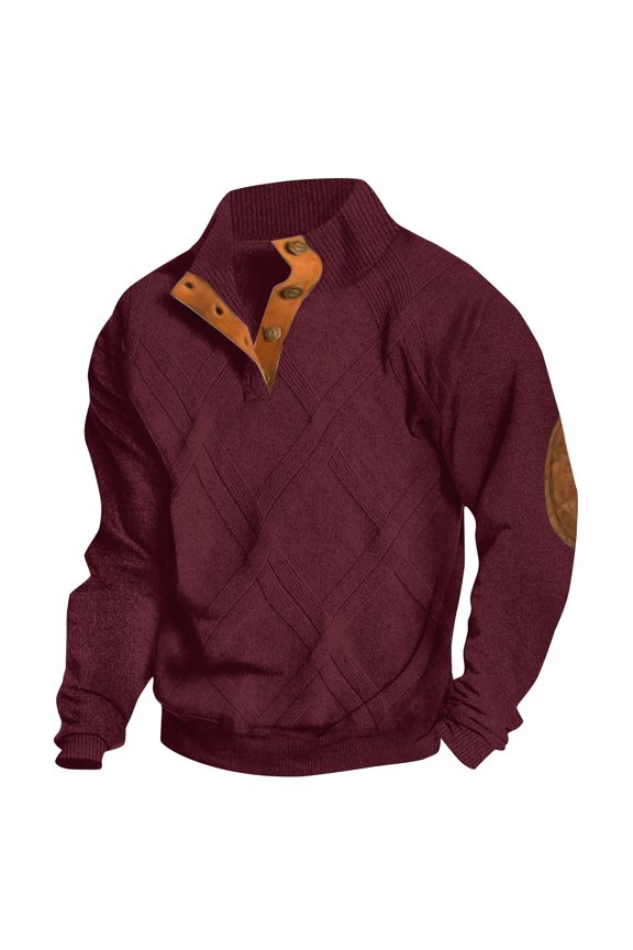 Mens Sweatshirts Retro 1/4 Button Up Twist Textured Knit Pullover Sweaters Fall Winter Elbow Patchwork Loose Fit Tops