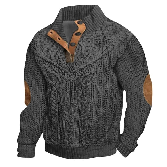 Mens Sweatshirts Retro 1/4 Button Up Twist Textured Knit Pullover Sweaters Fall Winter Elbow Patchwork Loose Fit Tops