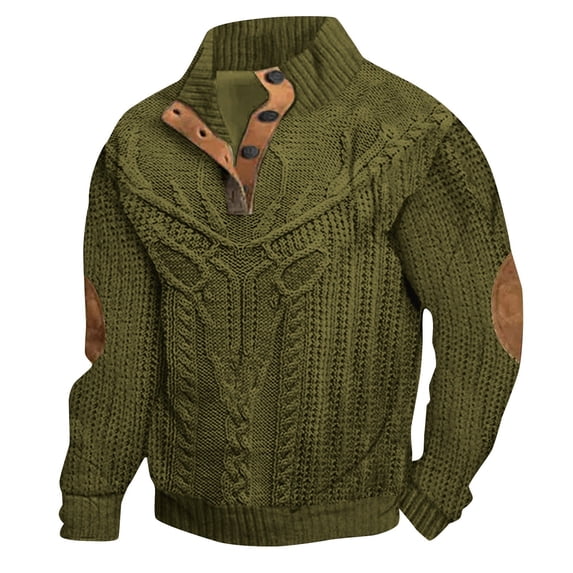 Mens Sweatshirts Retro 1/4 Button Up Twist Textured Knit Pullover Sweaters Fall Winter Elbow Patchwork Loose Fit Tops