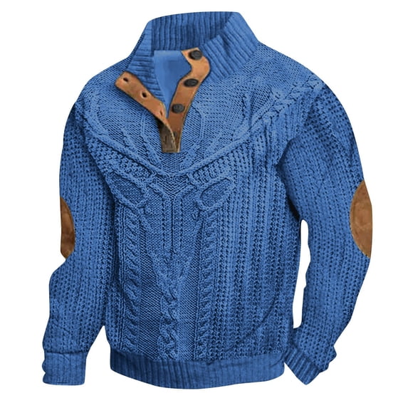 Mens Sweatshirts Retro 1/4 Button Up Twist Textured Knit Pullover Sweaters Fall Winter Elbow Patchwork Loose Fit Tops