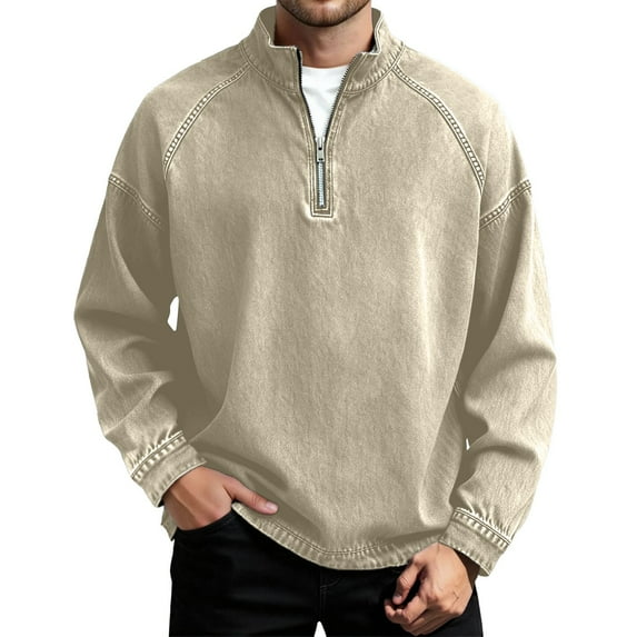 Christmas Sweatshirts for Men Retro Zipper Stand Collar Long Sleeve for Streetwear Mens Work Clothing,Khaki,4XL