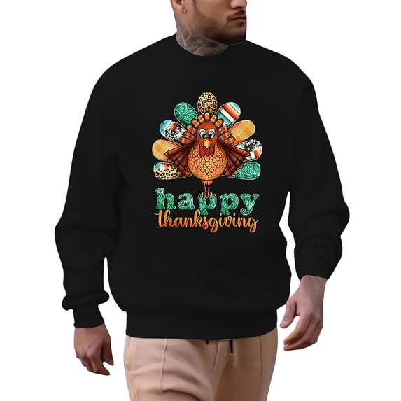 Mens Sweatshirts Thanksgiving Turkey Plus Size Hoodless Fashion Holiday Logo Print Fall Clothes Tops Pullover Black 2XL