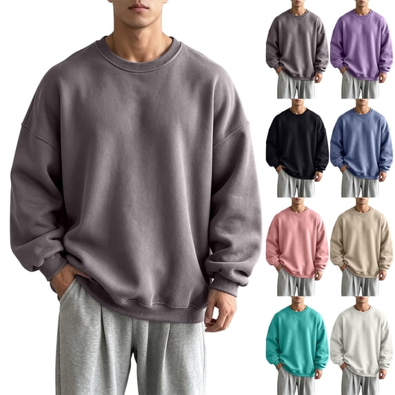 Mens Sweatshirts Trendy Crew Neck Loose Pullovers Solid Color Base Layers Fleece-Lined Sweatshirt for Any Occasion