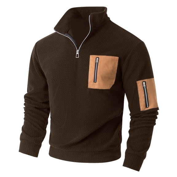 Mens Sweatshirts Utility Quarter Zip Pullover Top Multiple Pockets Stand Collar Long Sleeve Loose for Outdoor Brown M