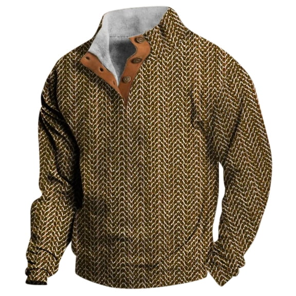 Mens Sweatshirts Western Retro Solid Pullover Top Buckle Detail Stand Collar Long Sleeve Button Up Printed Top Khaki L