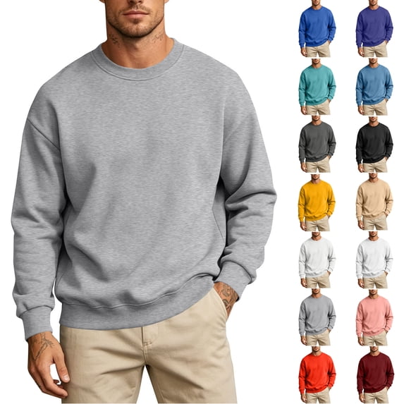 Mens Sweatshirts Zaewscy Men's Spring Fleece Lined Solid Color Crew Neck Long Sleeve No Hood Sweatshirt Gray S