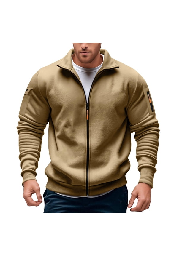 Mens Sweatshirts Zip Up Fleece Stylish Stand Collar Pocket Front Zipper Jacket Mens Clothing,Khaki,2XL
