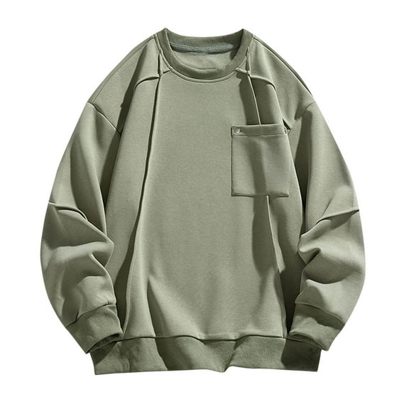 Mens Sweatshirts with Pocket No Hood Long Sleeve Shirts Casual Solid Color Pullover Crewneck Basic Slim Pleated Loungewear Athletic Sweatshirt Tops