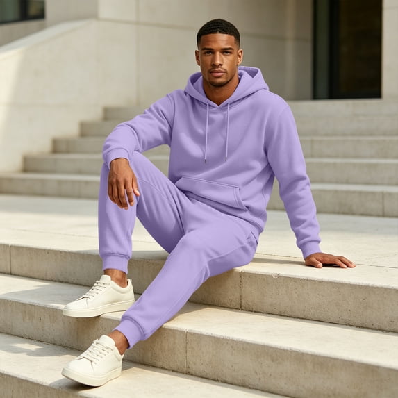 Mens Sweatsuit 2 Piece Hoodie Tracksuit Jogger Set Soft Fleece Lining Outfits, Kangaroo Pocket Sweatshirt, Drawstring Waist Sweatpants, Fall Winter Matching Sets Light Purple 3XL