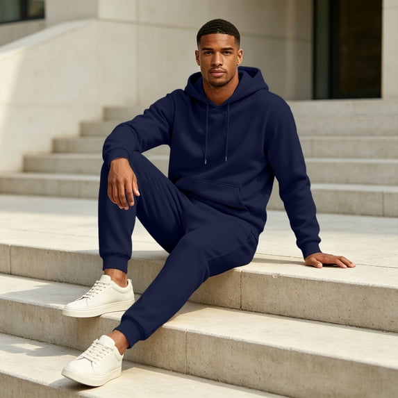 Mens Sweatsuit 2 Piece Hoodie Tracksuit Jogger Set Soft Fleece Lining Outfits, Kangaroo Pocket Sweatshirt, Drawstring Waist Sweatpants, Fall Winter Matching Sets Navy XL
