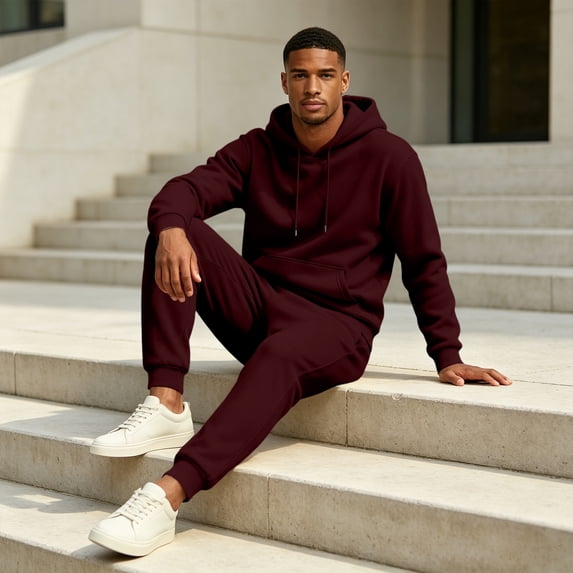 Mens Sweatsuit 2 Piece Hoodie Tracksuit Jogger Set Soft Fleece Lining Outfits, Kangaroo Pocket Sweatshirt, Drawstring Waist Sweatpants, Fall Winter Matching Sets Wine 2XL