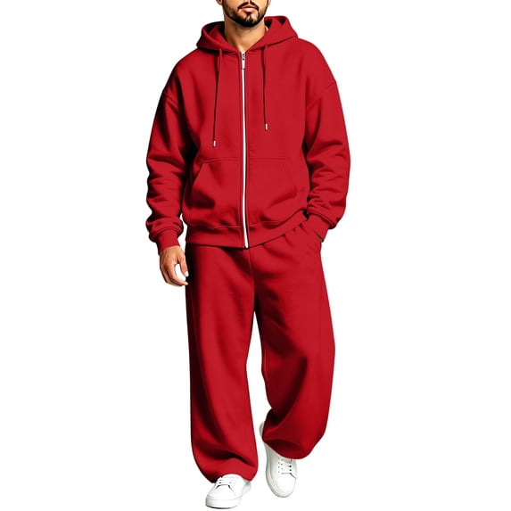 Mens Sweatsuit 2 Piece Set Fleece Lined Full Zip Up Long Sleeve Hooded Sweatshirt & Wide Leg Pants Casual Jogging Suit With Pockets Red XXL