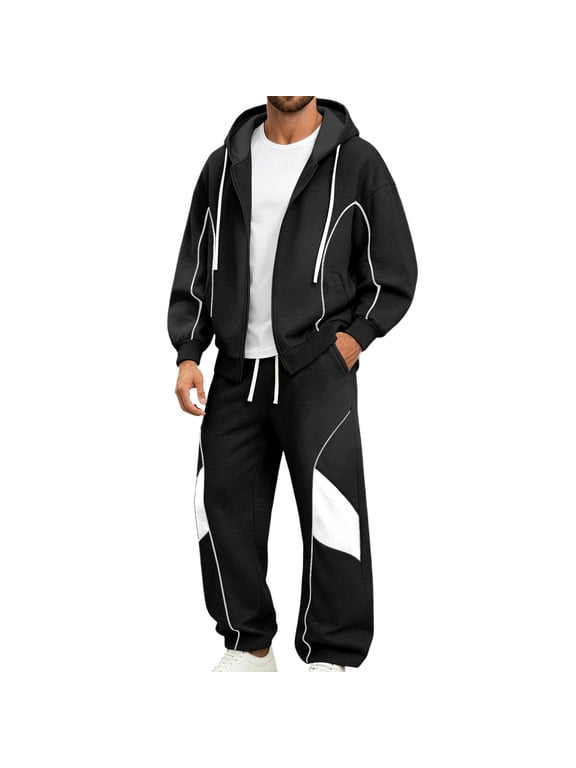Mens Sweatsuit 2 Piece Sets Zip Up Hoodie and Wide Leg Sweatpants Baggy Track Suits Athletic Sweat Set Commuting Mountaineering