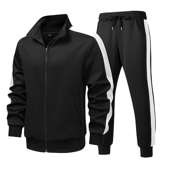 Mens Sweatsuit Fall Full Zip Sweatshirts Workout Pants Comfy Lounge Sets Color Block Tracksuits 2 Piece Outfits Black-2 3XL