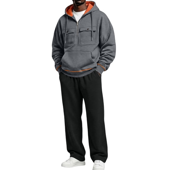 Mens Sweatsuit Fleece 2 Piece Set Long Sleeve Lounge Sweatshirt Sets Outfits with Cargo Sweatpants Set Hooded Outfits Sweatsuits Athletic Casual Athletic Winter Sweat Suits with Pockets,Gray L