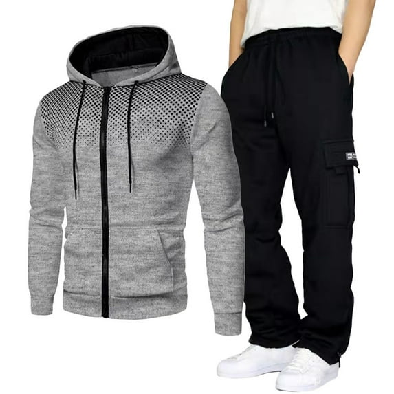 Mens Sweatsuits 2 Piece Set Hooded Drawstring Zipper Sweatshirt Jacket Solid Color Cargo Trousers Athleisure Training Winter Suit Set