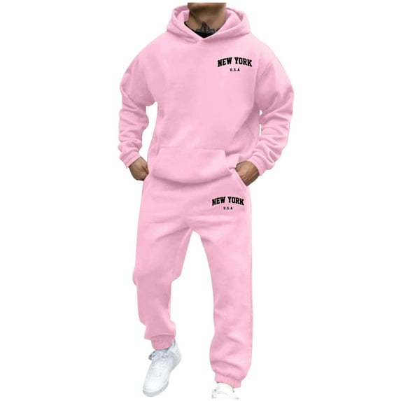 Mens Sweatsuits 2 Piece Set Letter Print Casual Long Sleeve Hoodie and Sweatpants Men's Tracksuits for Jogging Workout Light Pink S