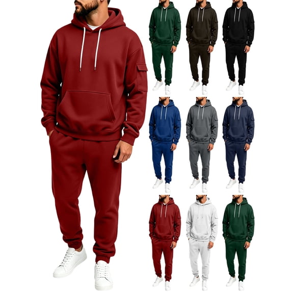 Mens Sweatsuits 2 Piece Set Loose Solid Color Hooded Sweatshirts And Sweatpant Sets Athletic Sweatsuits Set for Men Jogger Sweatsuit Red Xxxl