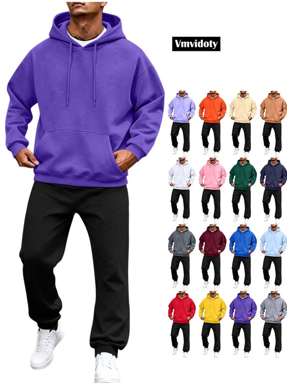Mens Sweatsuits 2 Piece Set Loose Solid Color Hooded Sweatshirts and Sweatpant Sets Athletic Sweatsuits Set for Men Jogger Sweatsuit(Purple, XL)