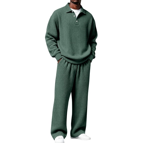 Mens Sweatsuits 2 Piece Set Waffle Knitted Sweatshirts and Wide-Leg Pants Set Casual Big and Tall Baggy Jumpsuit