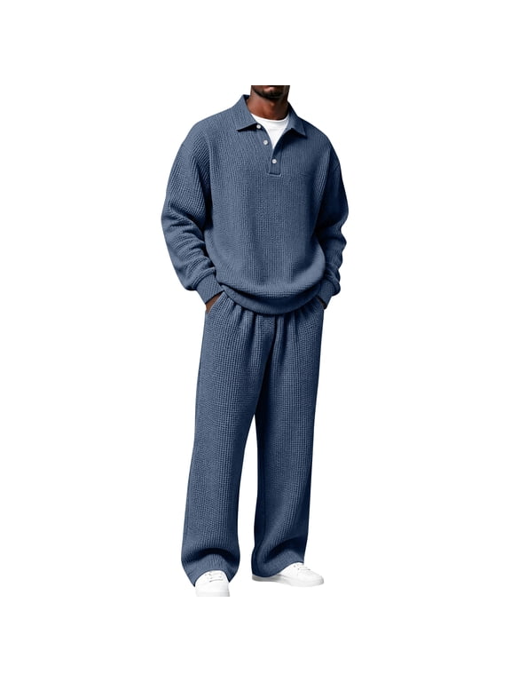 Mens Sweatsuits 2 Piece Set Waffle Knitted Sweatshirts and Wide-Leg Pants Set Casual Big and Tall Baggy Jumpsuit