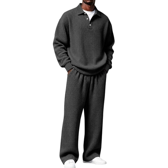 Mens Sweatsuits 2 Piece Set Waffle Knitted Sweatshirts and Wide-Leg Pants Set Casual Big and Tall Baggy Jumpsuit