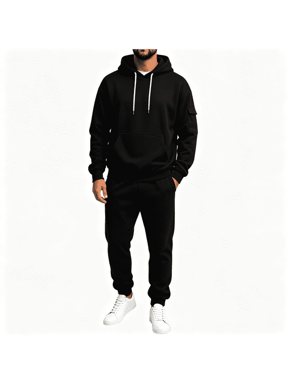 Mens Sweatsuits 2 Piece with Multiple Pockets Casual Fashion Long Sleeve Drawstring Hoodie and Sweatpants Outfits Set Black L