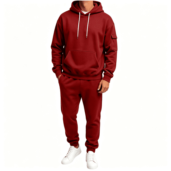Mens Sweatsuits 2 Piece with Multiple Pockets Fashion Long Sleeve Drawstring Casual Hoodie and Sweatpants Outfits Set Red XL