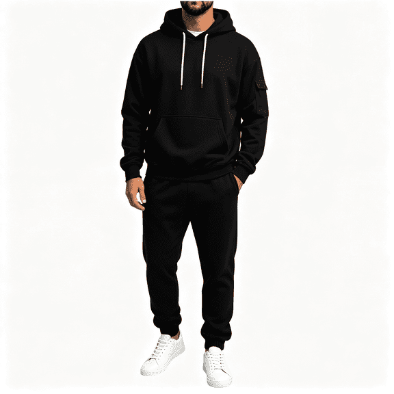 Mens Sweatsuits 2 Piece with Multiple Pockets Long Sleeve Drawstring Casual Fashion Hoodie and Sweatpants Outfits Set Black S-3XL