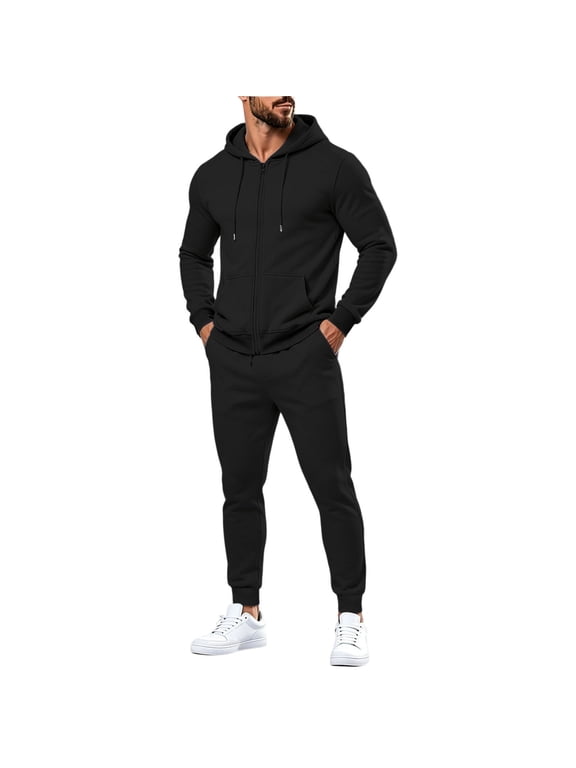 Mens Sweatsuits 2Pcs Sets Hoodie Full Zip Up Jacket & Jogger Pants Set,Multi Pockets Casual Tracksuit Outfits For Jogging Running Daily Lounging