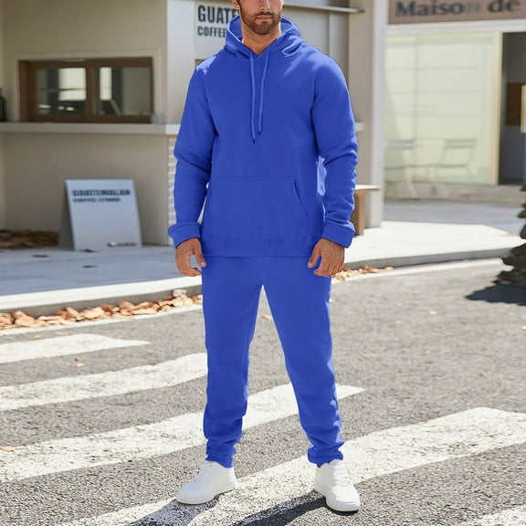 Mens Sweatsuits Casual Solid Color Hoodie and Sweatpants 2 Piece Set Loose Workout Athletic Sweat Suits Outfit Blue L
