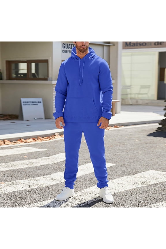 Mens Sweatsuits Casual Solid Color Hoodie and Sweatpants 2 Piece Set Loose Workout Athletic Sweat Suits Outfit Blue M