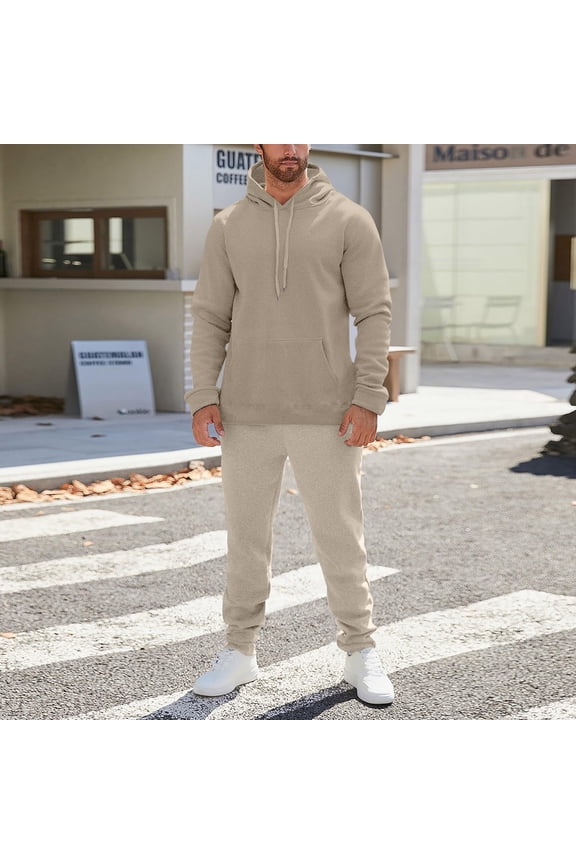 Mens Sweatsuits Casual Solid Color Hoodie and Sweatpants 2 Piece Set Loose Workout Athletic Sweat Suits Outfit Camel M