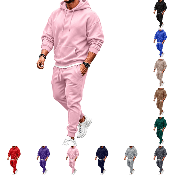 Mens Sweatsuits Fashion Fleece Jogging Suits 2 Piece Set Long Sleeve Drawstring Hooded Sweatshirt&Sweatpant Winter Warm Track Suits Pink M