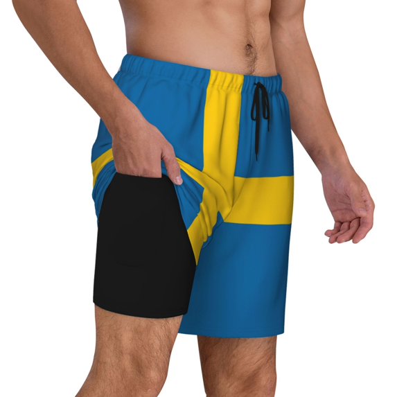 Mens Swedish Flag 2 in 1 Quick Dry Swim Trunks with Compression Liner Beach Shorts