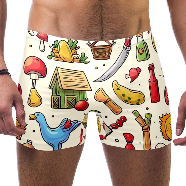 Mens Swim Briefs, Mens Swim Jammers, Cartoon Farm Hen Goose Flower