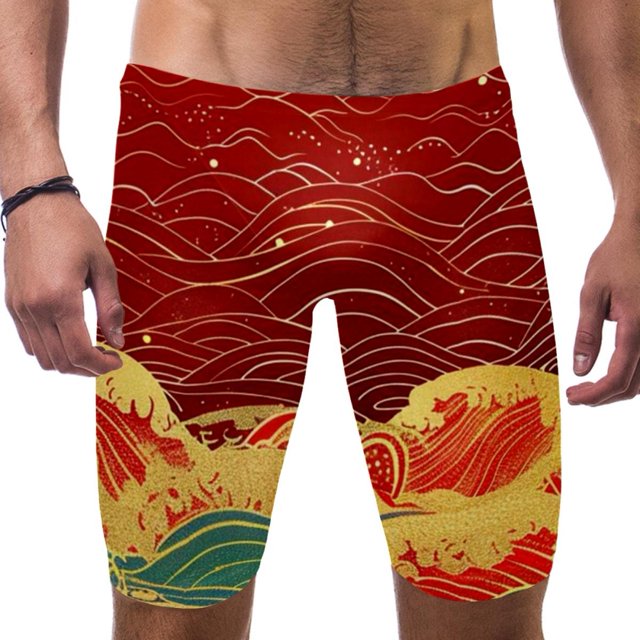 Mens Swim Briefs, Mens Swim Jammers, Red Golden Waves Japanese Style ...