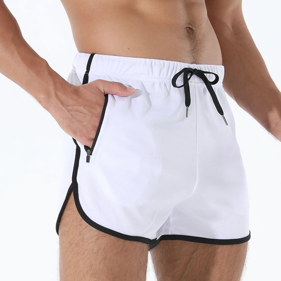 Mens Swim Running Shorts Mesh Zipper Pocket Drawstring 3 Inch Inseam Training