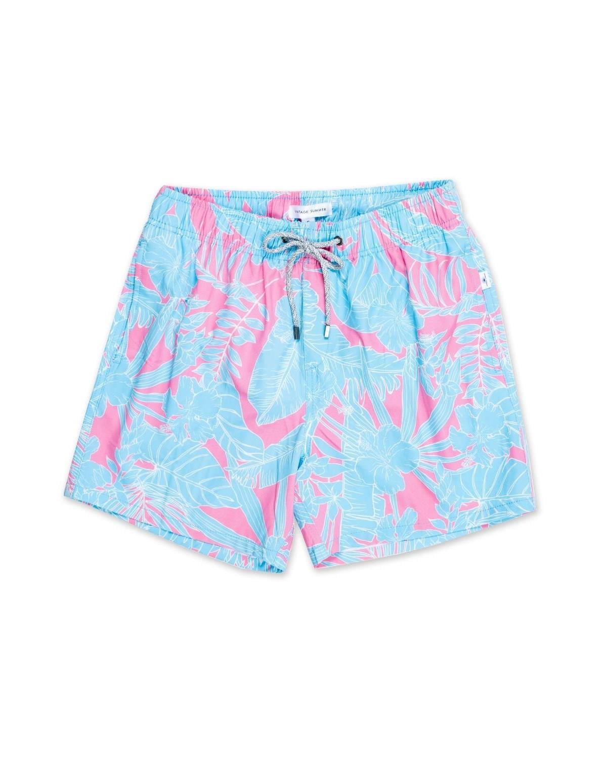 Mens Swim Shorts Dry Fast 4 Ways Stretch Swimming Trunks, Leaf Pink, Size: L, Vacay Land