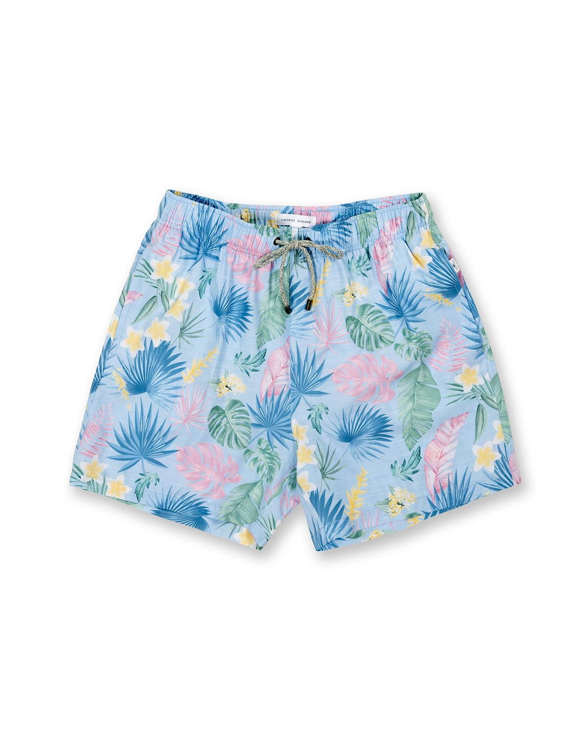 Mens Swim Shorts Dry Fast 4 Ways Stretch Swimming Trunks, Leaves Lt. Blue, Size: XL, Vacay Land