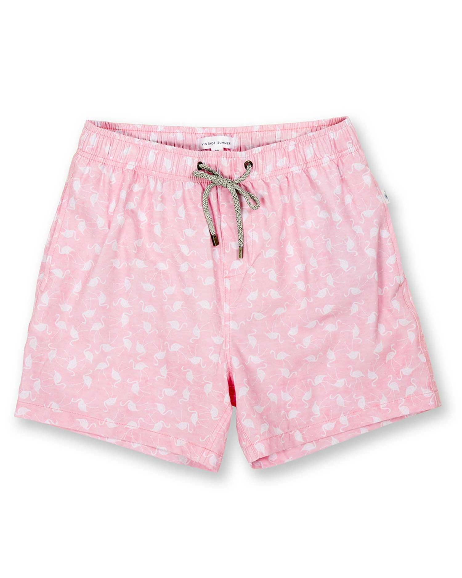Mens Swim Shorts Dry Fast 4 Ways Stretch Swimming Trunks, Mini Flamingos Pink, Size: L, Vacay Land